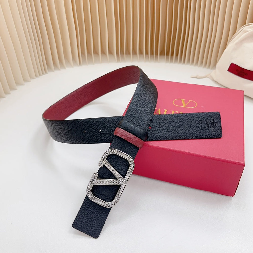 VALENTINO Vlogo Buckle Water Wave Silver Copper Glossy Wine Black Leather 40mm