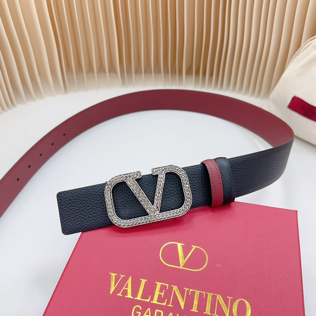 VALENTINO Vlogo Buckle Water Wave Silver Copper Glossy Wine Black Leather 40mm