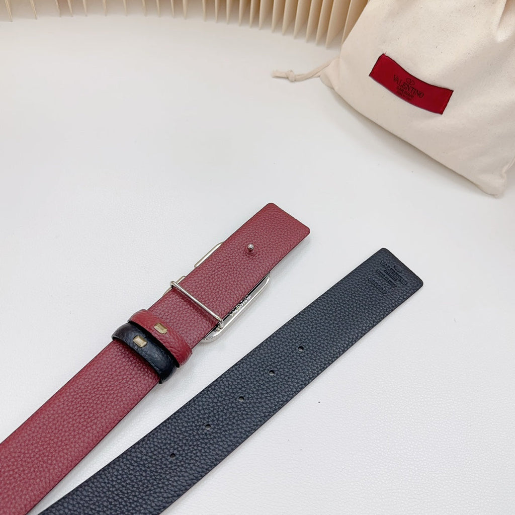 VALENTINO Vlogo Buckle Water Wave Silver Copper Glossy Wine Black Leather 40mm