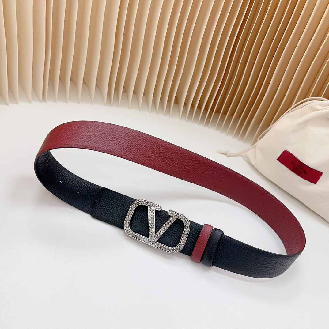 VALENTINO Vlogo Buckle Water Wave Silver Copper Glossy Wine Black Leather 40mm