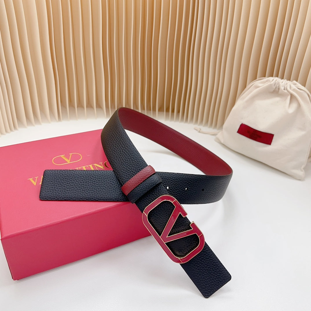 VALENTINO Vlogo Wine Gold Buckle Belt 40mm Wine Black Leather