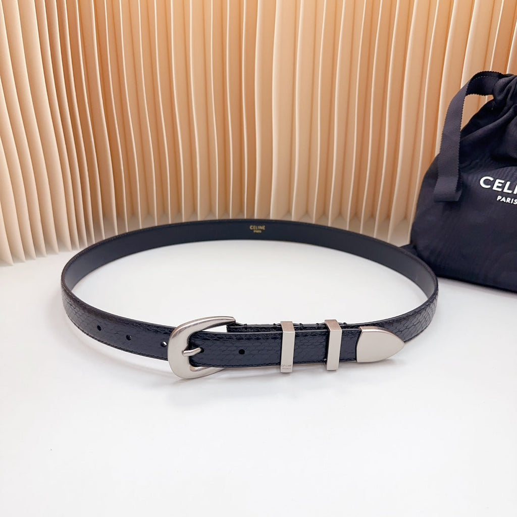 CELINE Medium Western Belt 25mm Black Snake Embossed Calfskin Shw