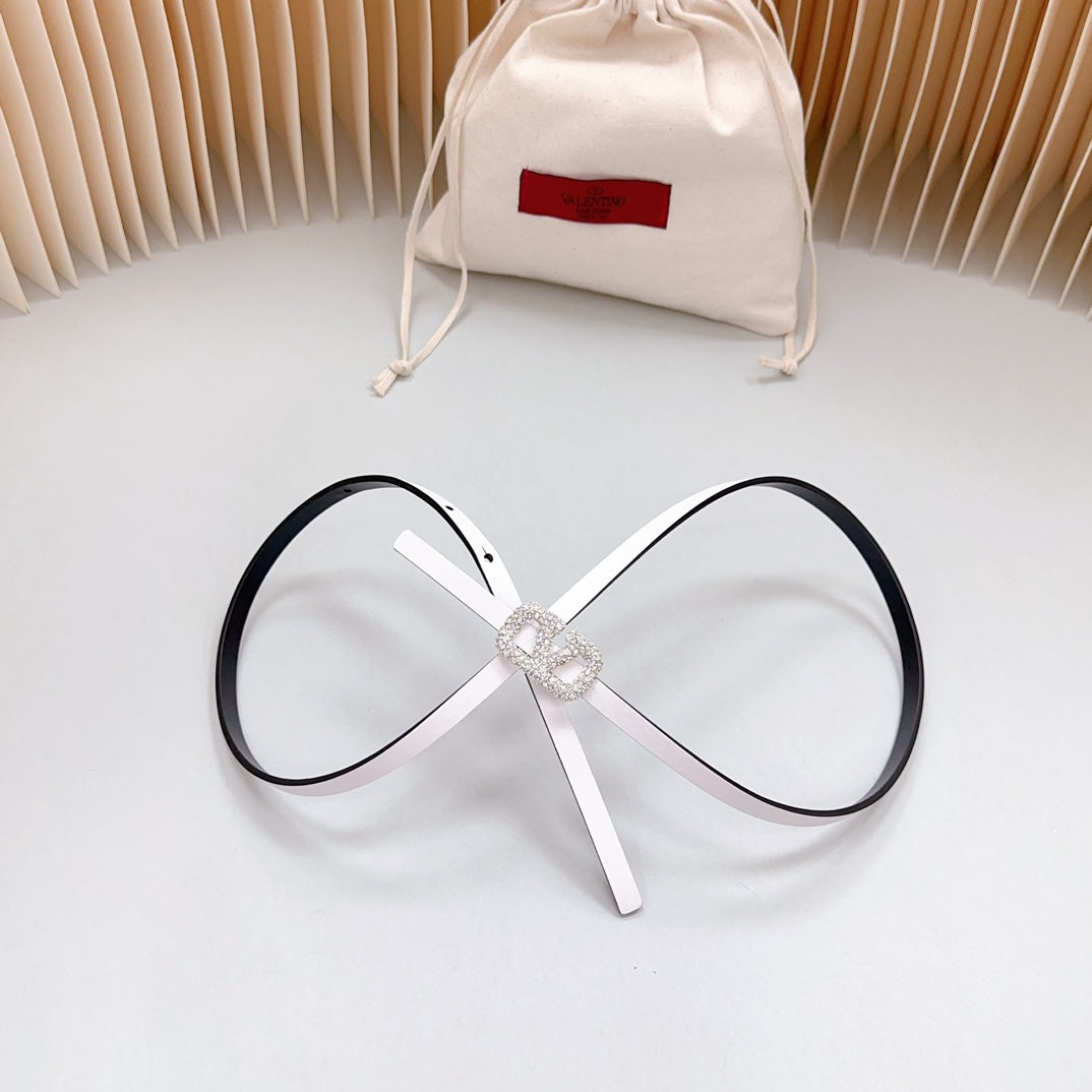 VALENTINO VL Belt 8mm Buckle Silver Diamond Leather White Black