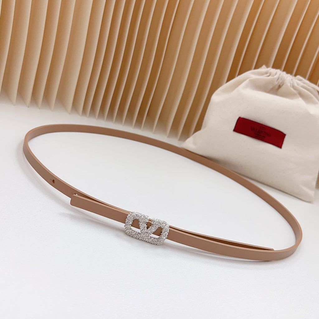 VALENTINO VL Belt 8mm Buckle Silver Diamond Leather Beige