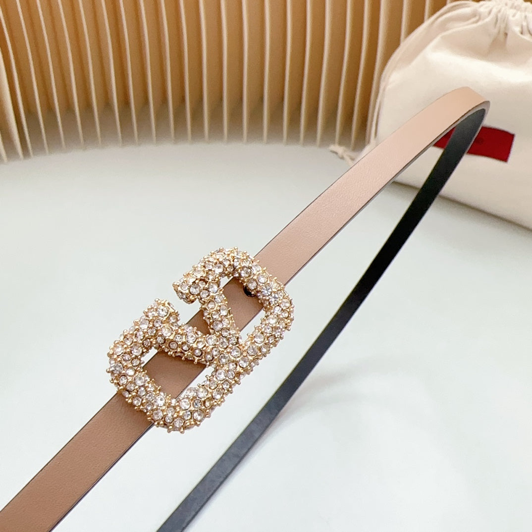 VALENTINO VL Belt 8mm Buckle Gold Diamond Leather Beige Black