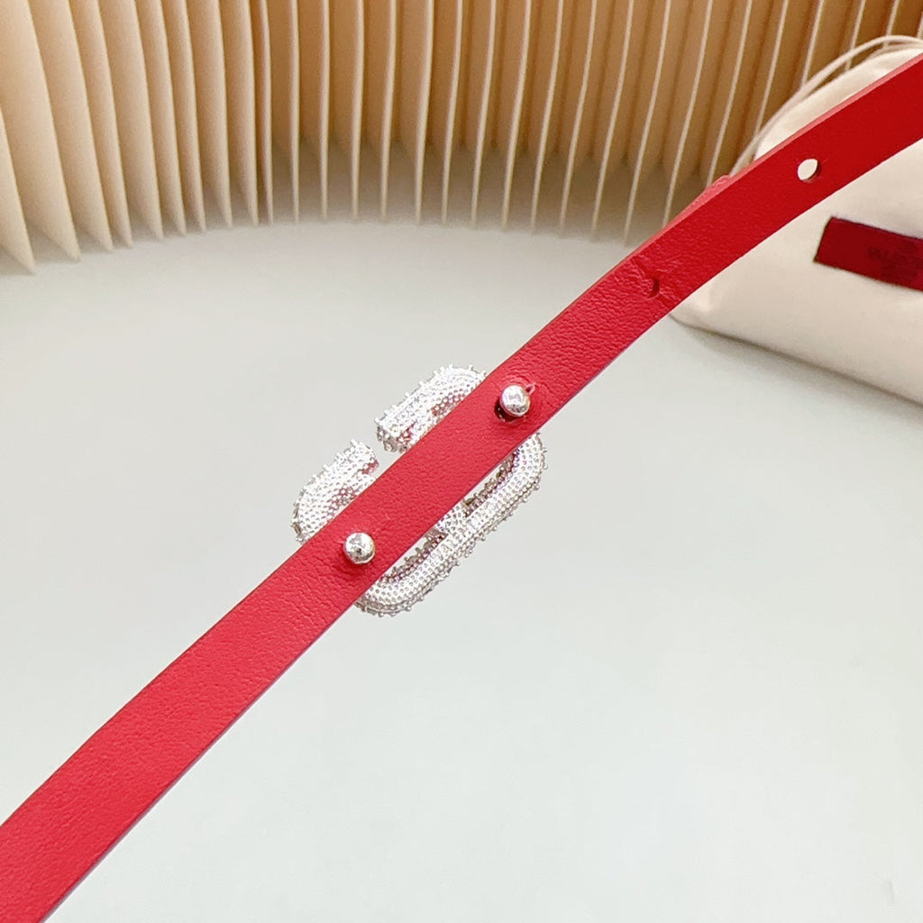 VALENTINO VL Belt 8mm Buckle Silver Diamond Leather Red