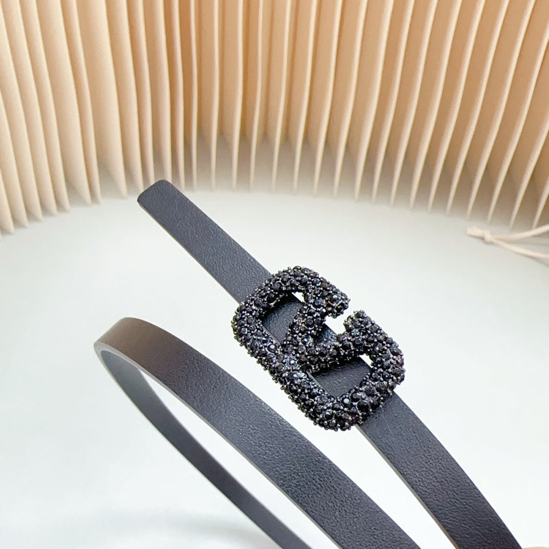 VALENTINO VL Belt 8mm Buckle Black Diamond Leather Black