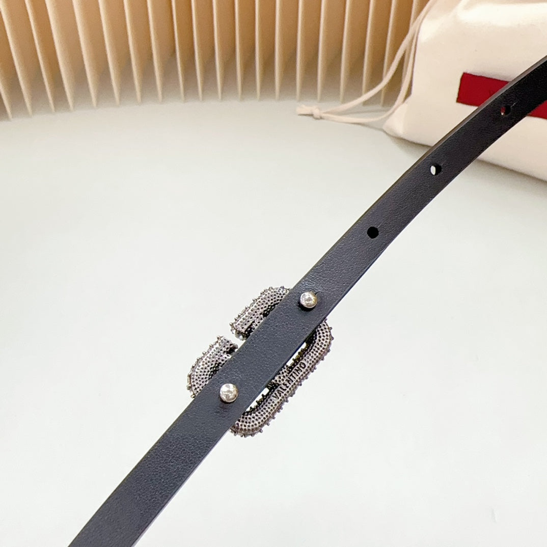 VALENTINO VL Belt 8mm Buckle Silver Diamond Leather Black