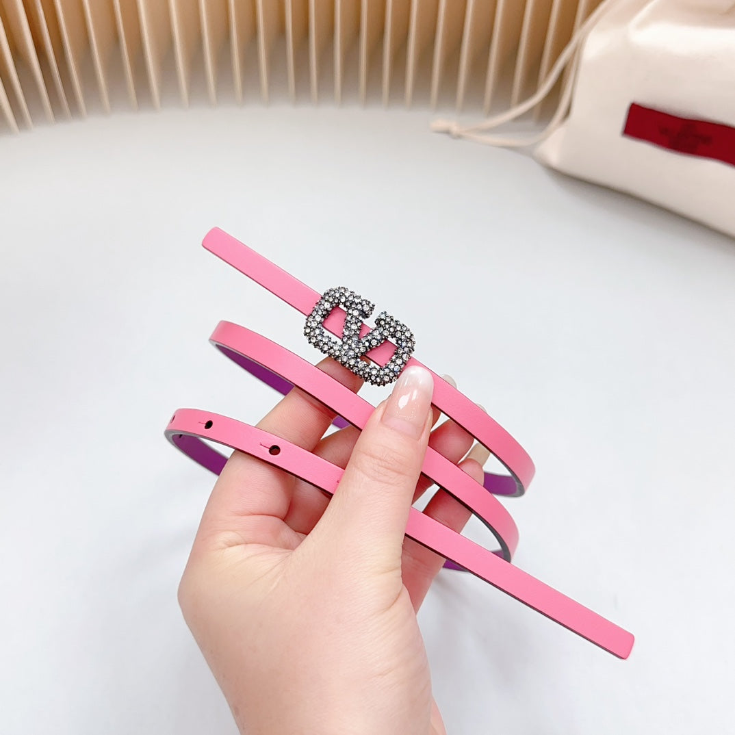VALENTINO VL Belt 8mm Buckle Silver Diamond Leather Pink Purple