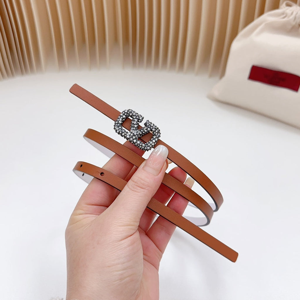 VALENTINO VL Belt 8mm Buckle Silver Diamond Leather Tan White