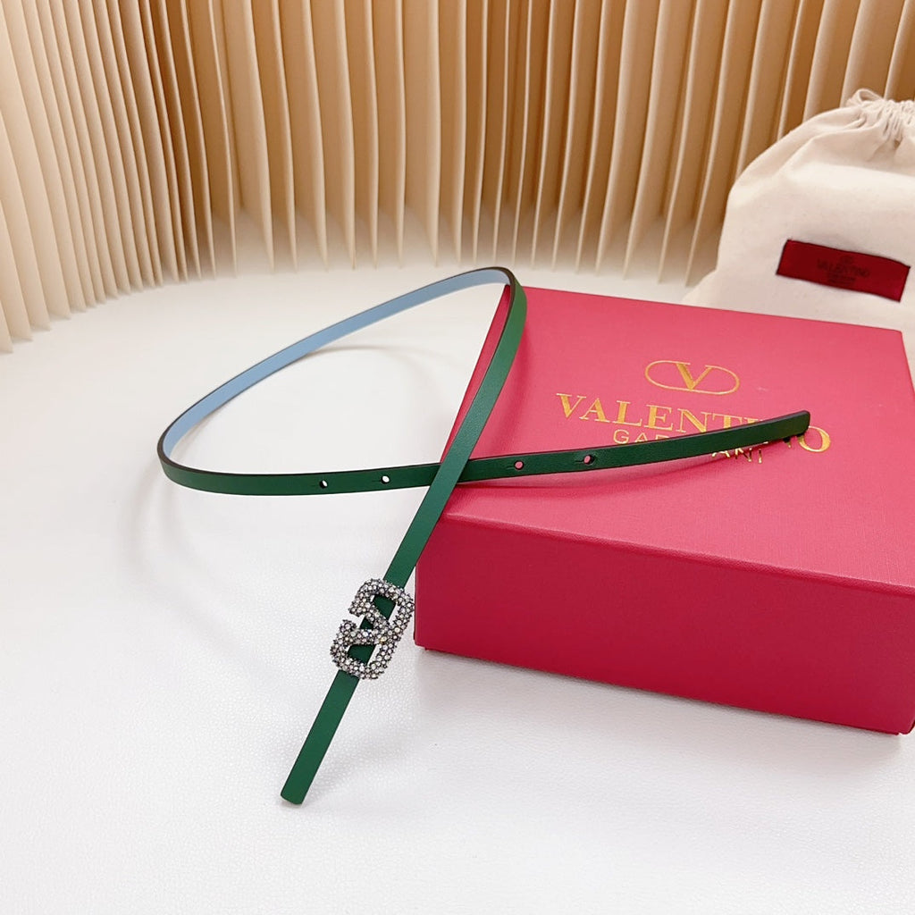 VALENTINO VL Belt 8mm Buckle Silver Diamond Leather Green Cloud Blue