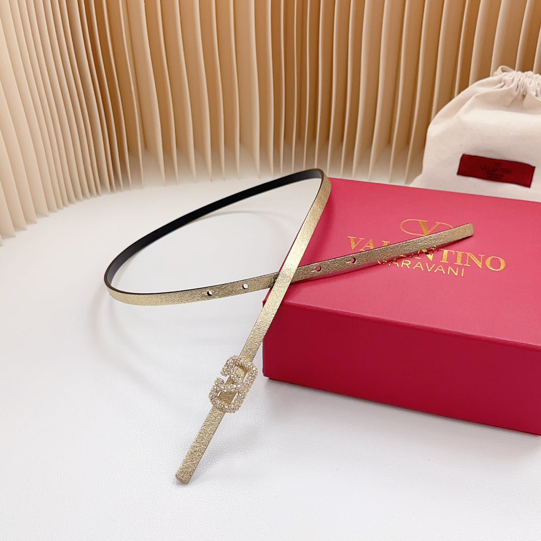 VALENTINO VL Belt 8mm Buckle Gold Diamond Leather Gold Black