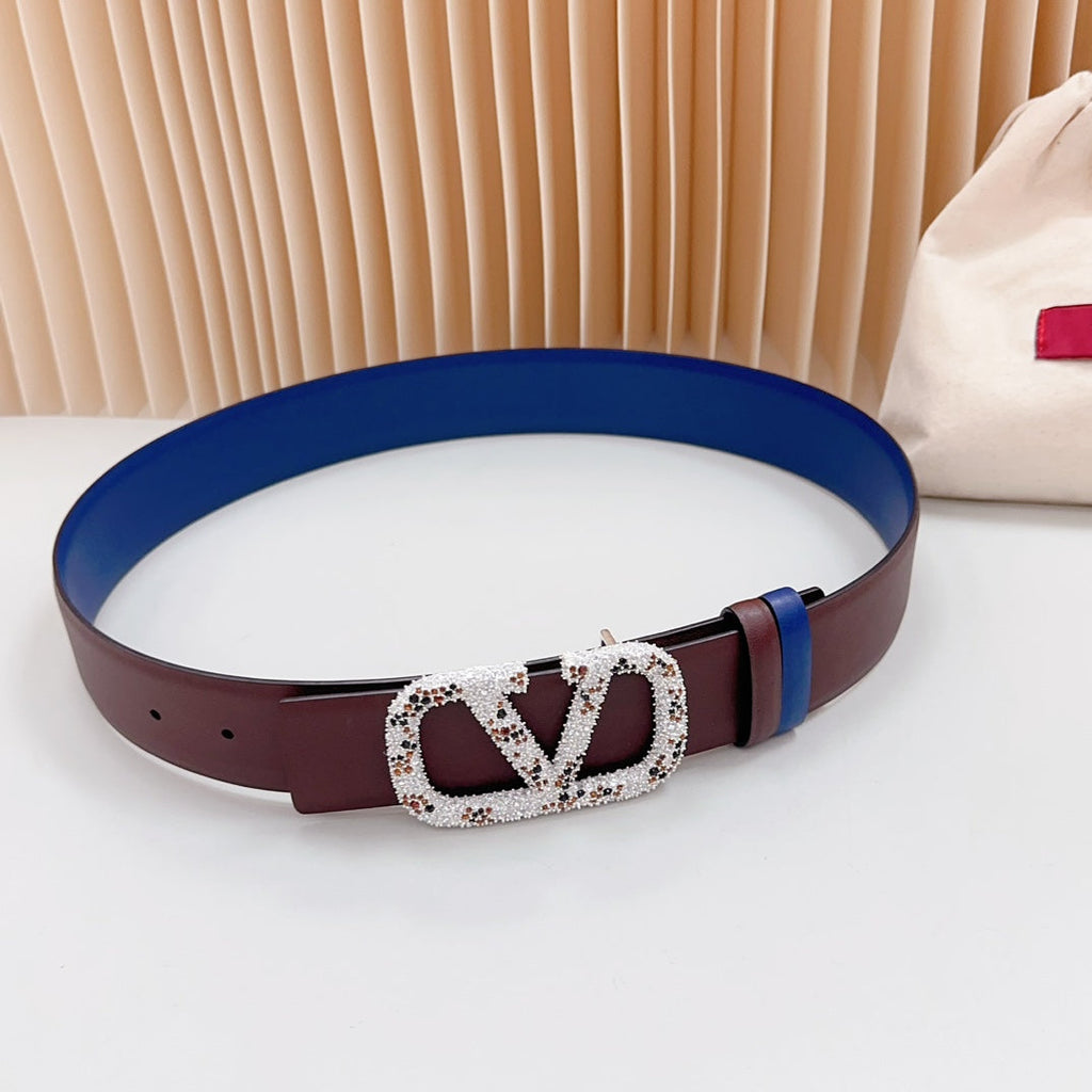 VALENTINO Vlogo Brown Black White Stone Silver Buckle Belt 40mm Chocolate Blue Leather