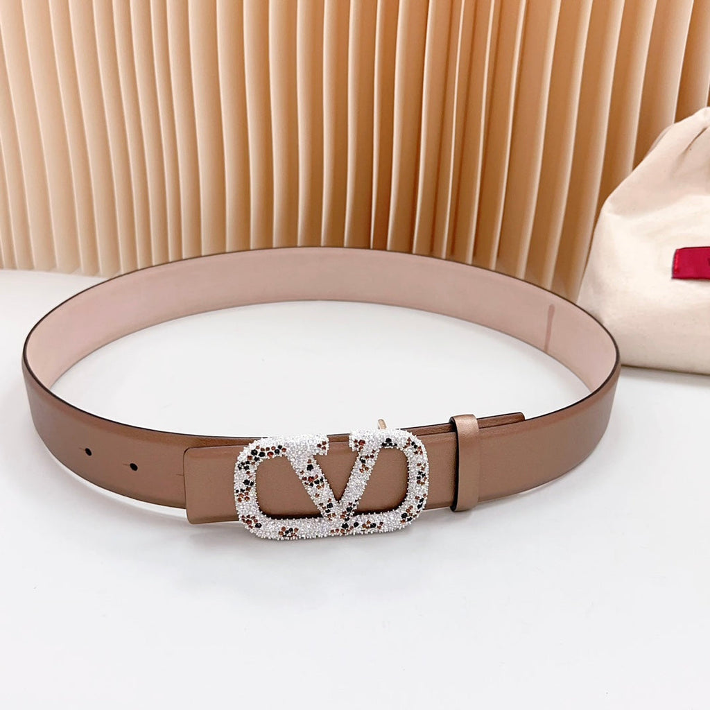 VALENTINO Vlogo Brown Black White Stone Silver Buckle Belt 40mm Brown Light Pink Leather