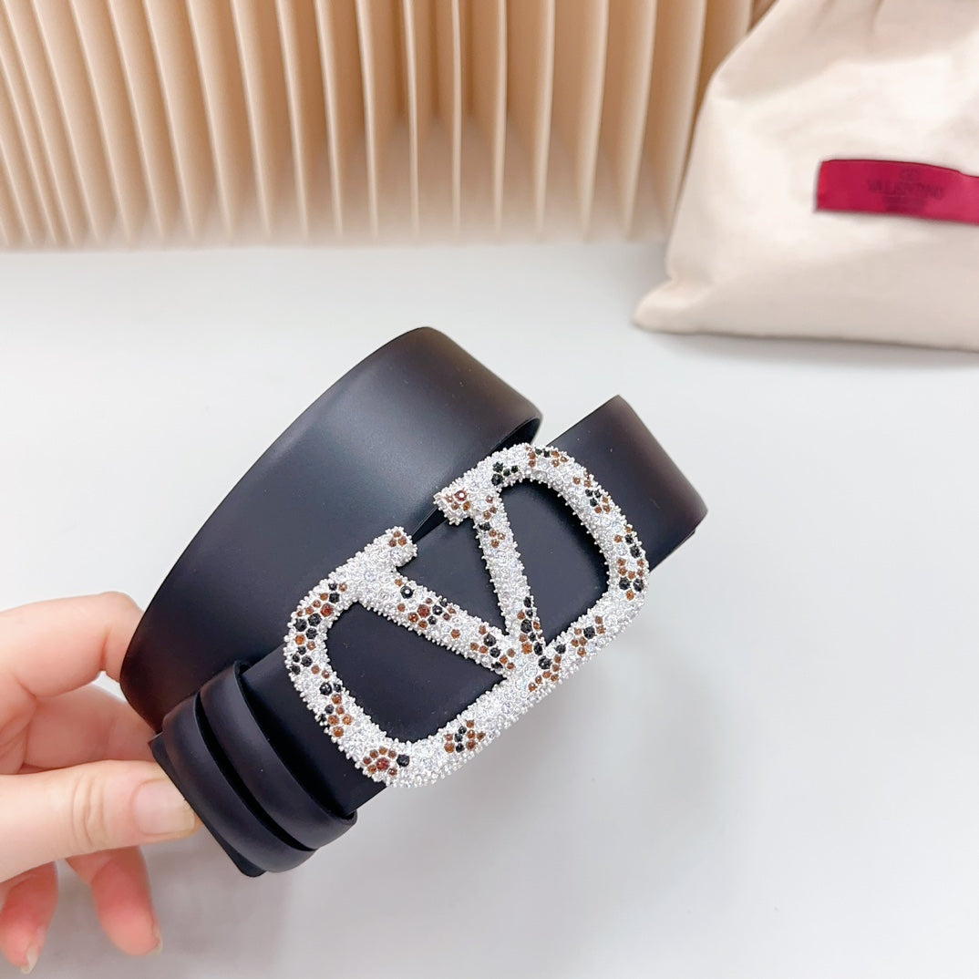 VALENTINO Vlogo Brown Black White Stone Silver Buckle Belt 40mm Black Leather