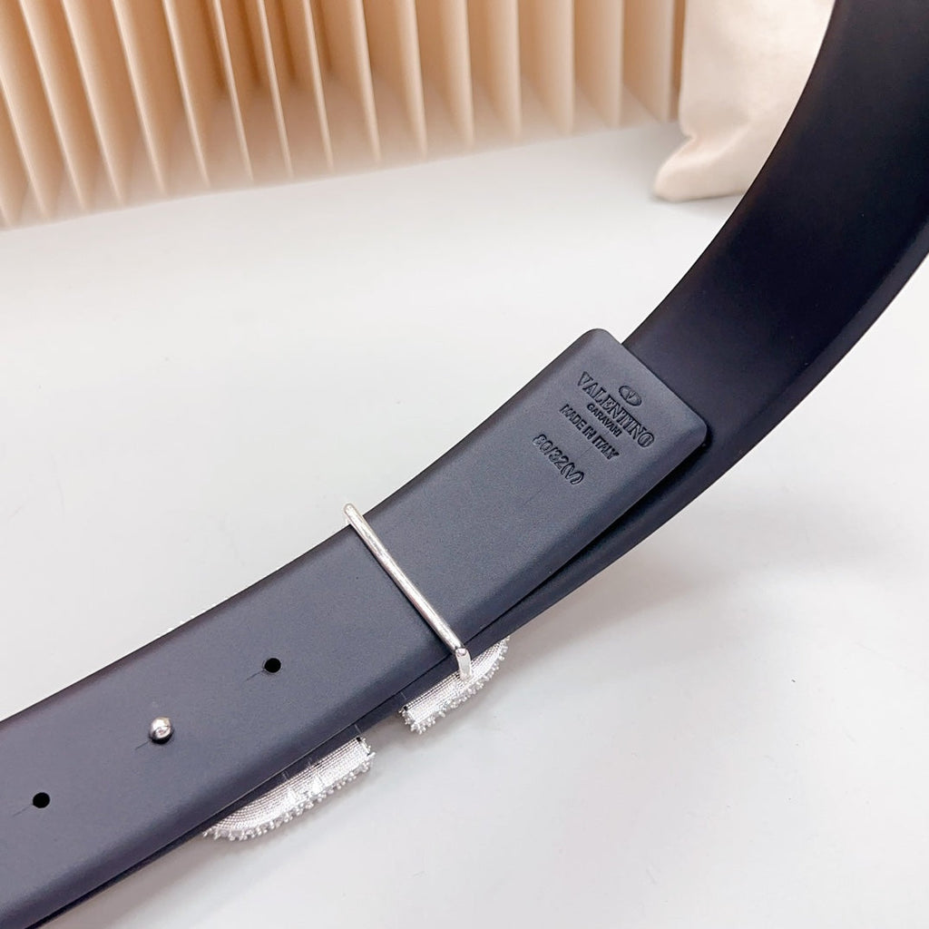 VALENTINO Vlogo Brown Black White Stone Silver Buckle Belt 40mm Black Leather