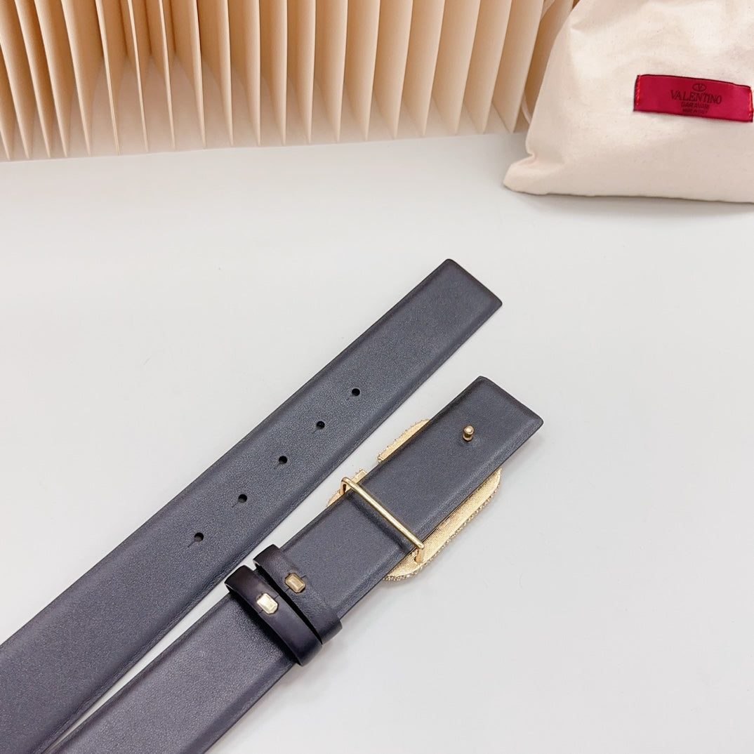 VALENTINO Vlogo Brown Black White Stone Gold Buckle Belt 40mm Black Leather