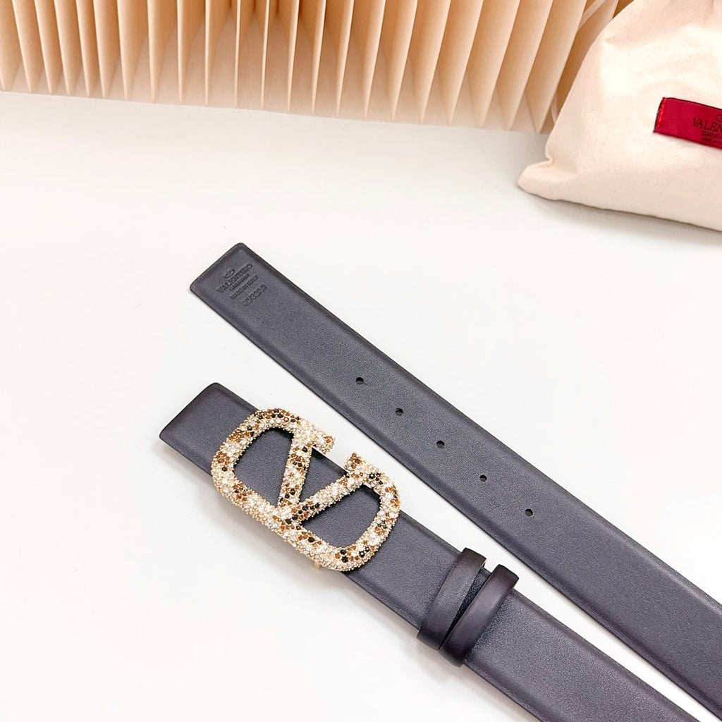 VALENTINO Vlogo Brown Black White Stone Gold Buckle Belt 40mm Black Leather
