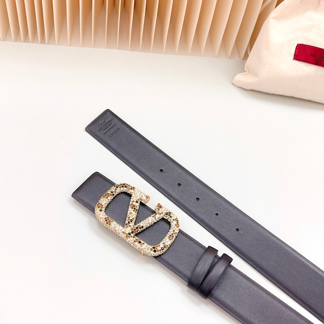 VALENTINO Vlogo Brown Black White Stone Gold Buckle Belt 40mm Black Leather