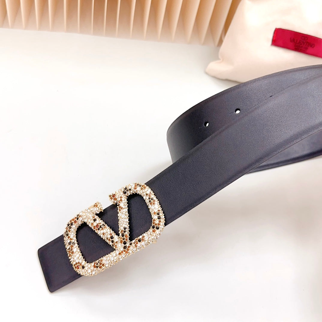 VALENTINO Vlogo Brown Black White Stone Gold Buckle Belt 40mm Black Leather