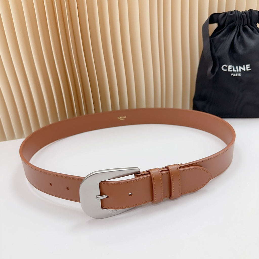 CELINE LARGE WESTERN 35 MM BELT BRONZE BROWN CALFSKIN SILVER HARDWARE