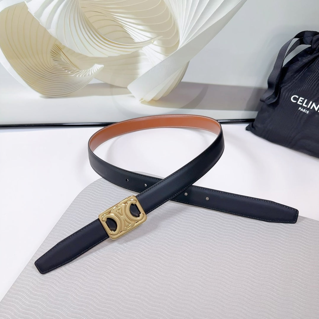CELINE CL MEDIUM 25 MM REVERSIBLE FRAMED TRIOMPHE BELT BLACK AND BRONZE BROWN CALFSKIN LIGHT GOLD HARDWARE