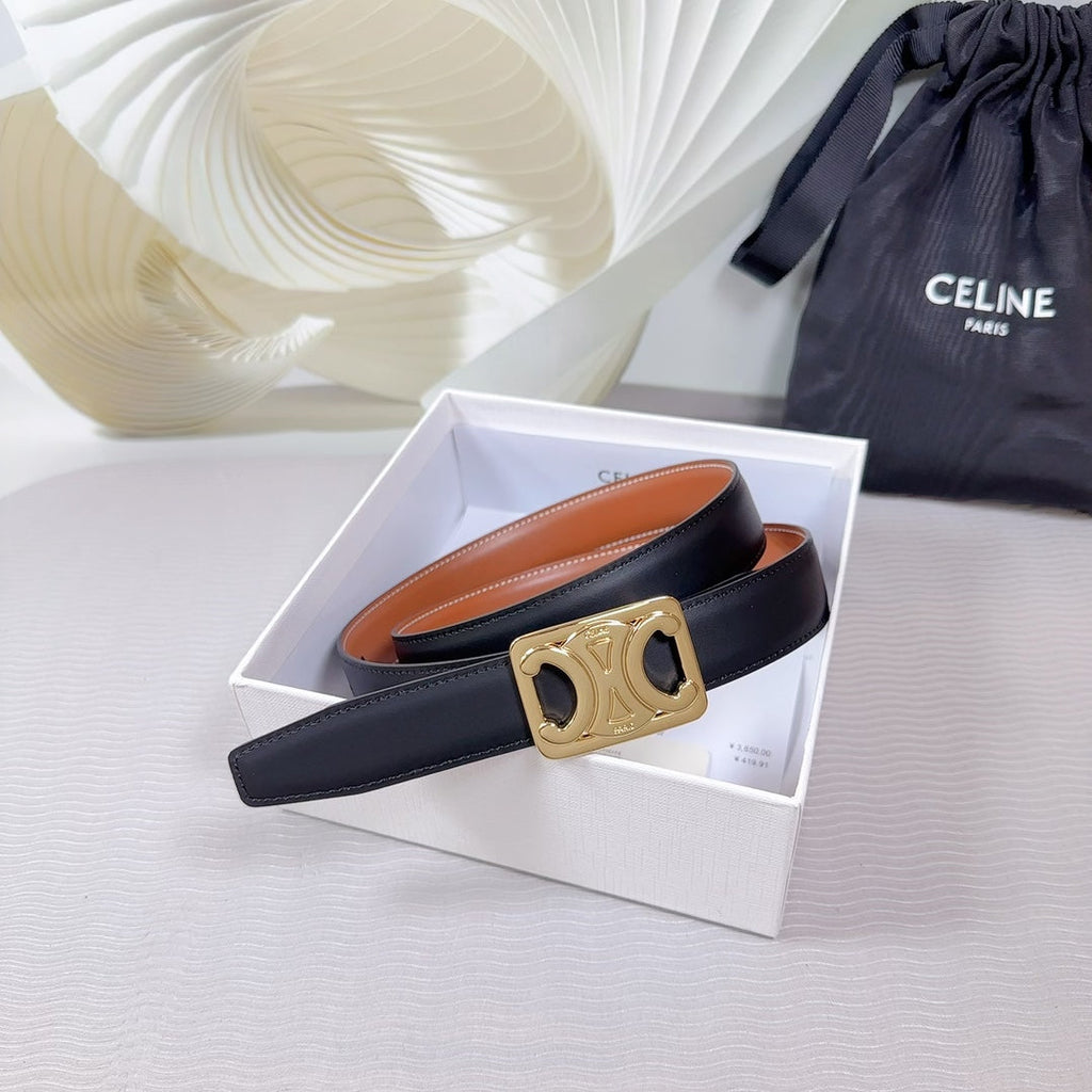 CELINE CL MEDIUM 25 MM REVERSIBLE FRAMED TRIOMPHE BELT BLACK AND BRONZE BROWN CALFSKIN LIGHT GOLD HARDWARE