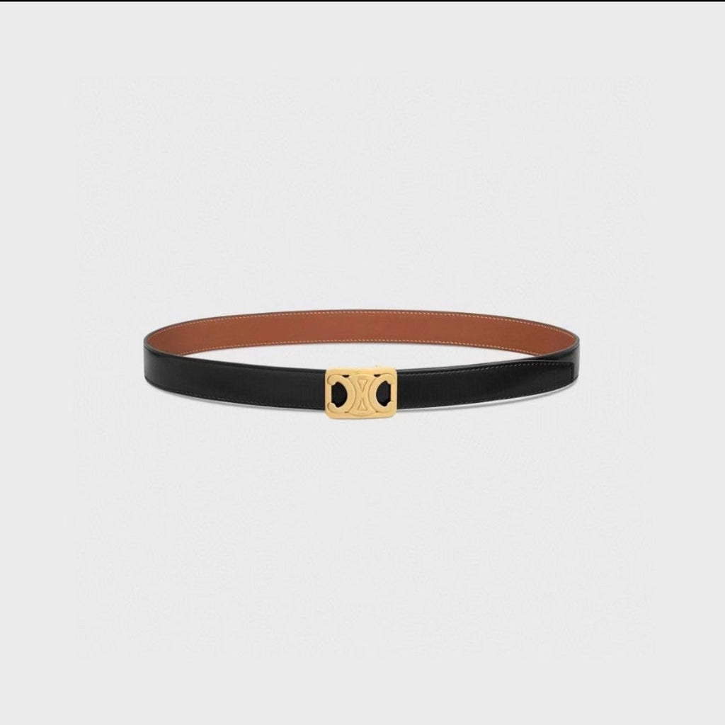 CELINE CL MEDIUM 25 MM REVERSIBLE FRAMED TRIOMPHE BELT BLACK AND BRONZE BROWN CALFSKIN GOLD HARDWARE