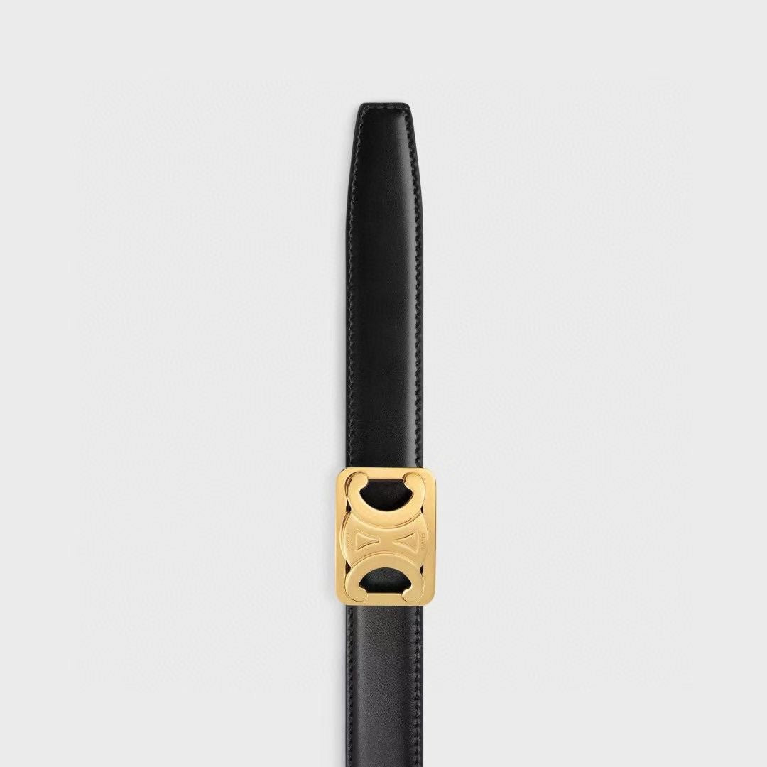 CELINE CL MEDIUM 25 MM REVERSIBLE FRAMED TRIOMPHE BELT BLACK AND BRONZE BROWN CALFSKIN GOLD HARDWARE