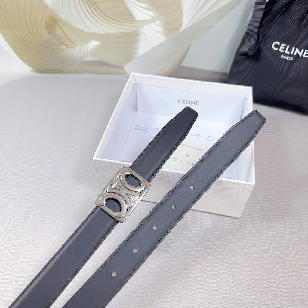 CELINE CL MEDIUM 25 MM REVERSIBLE FRAMED TRIOMPHE BELT BLACK CALFSKIN LIGHT SILVER HARDWARE