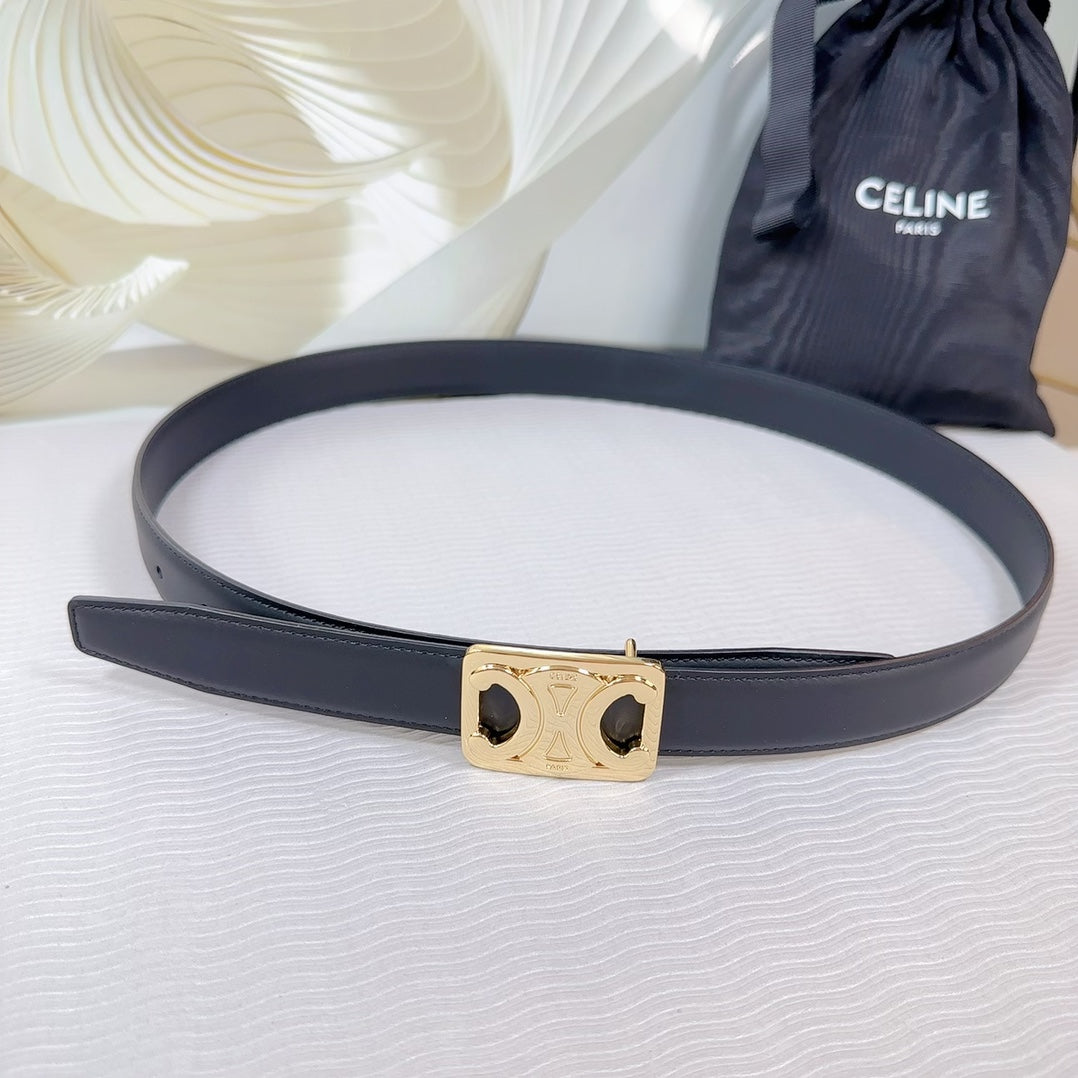 CELINE CL MEDIUM 25MM REVERSIBLE FRAMED TRIOMPHE BELT BLACK CALFSKIN LIGHT GOLD HARDWARE