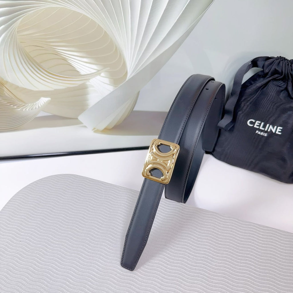 CELINE CL MEDIUM 25MM REVERSIBLE FRAMED TRIOMPHE BELT BLACK CALFSKIN LIGHT GOLD HARDWARE