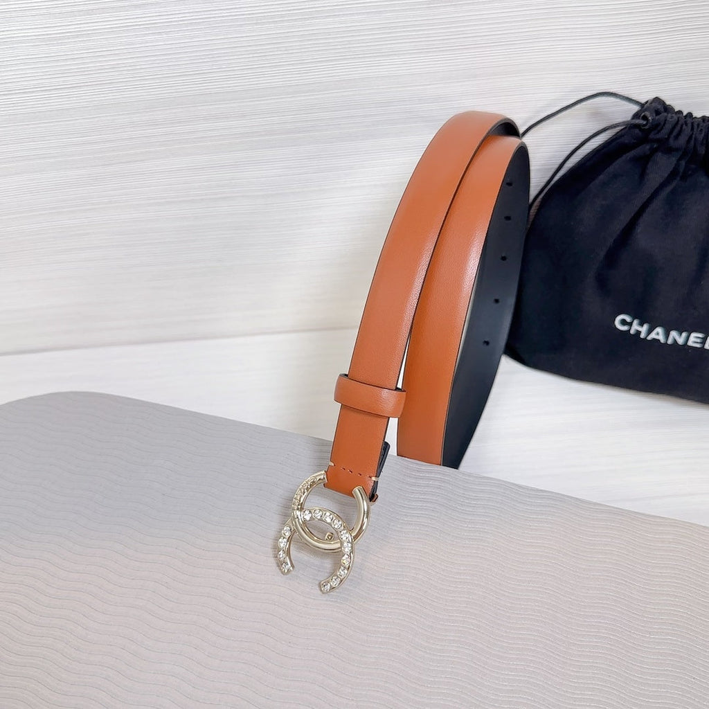 CHANEL BELT 20 MM IN BRONZE BROWN SMOOTH CALFSKIN GOLD HARDWARE ATTACH RHINSTONE