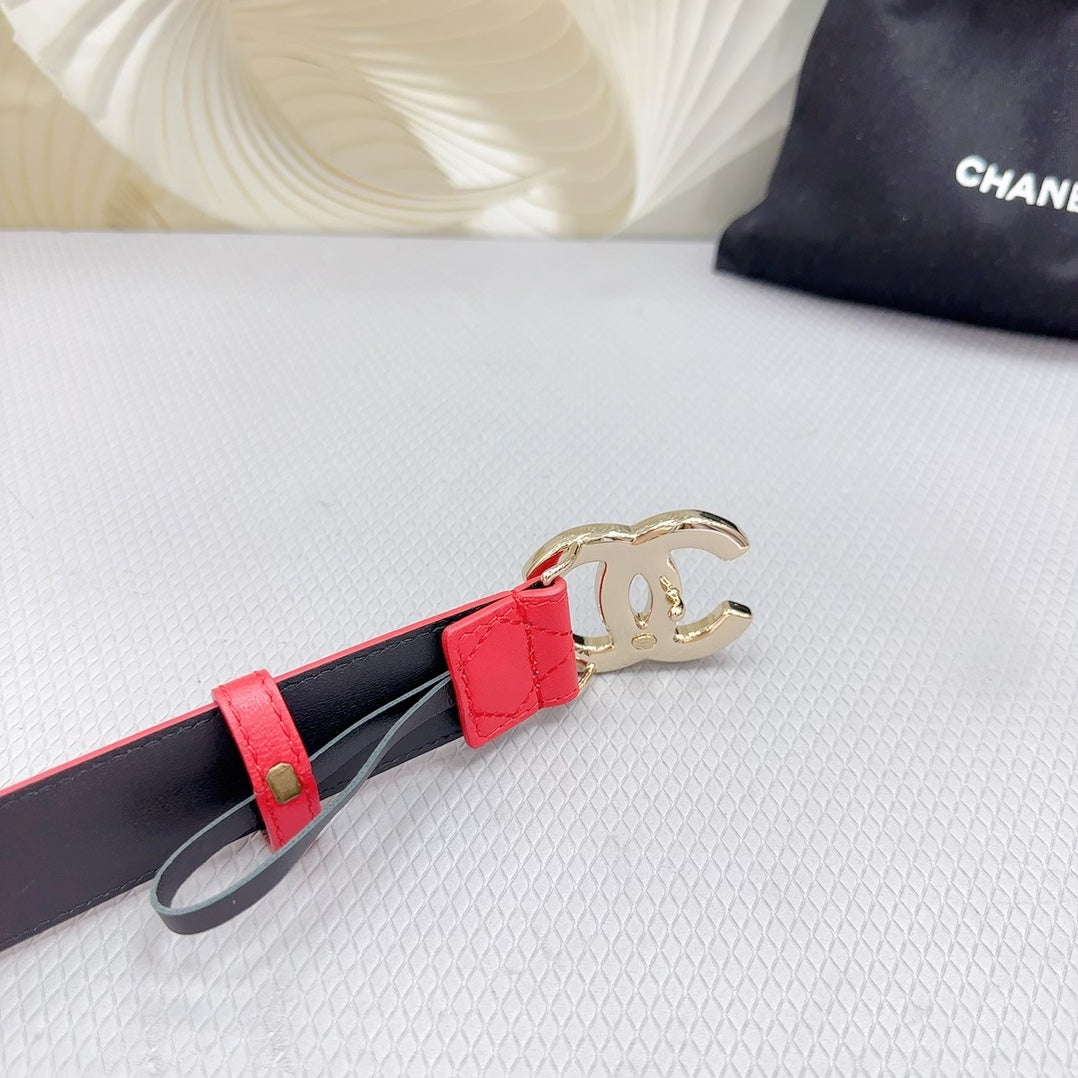 CHANEL BELT 30 MM CHERRY RED CALFSKIN WITH BLACK MIX WHITE LOGO