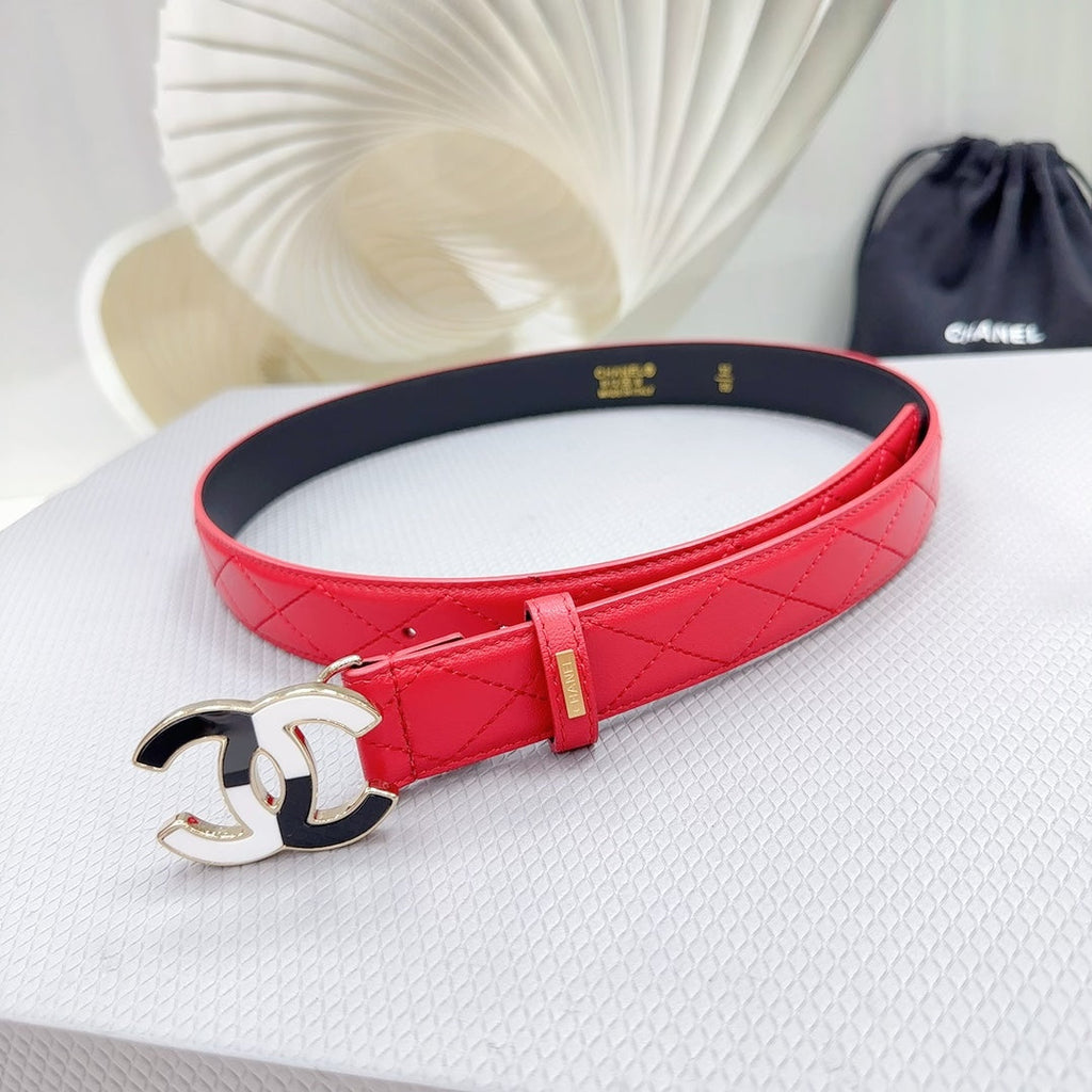 CHANEL BELT 30 MM CHERRY RED CALFSKIN WITH BLACK MIX WHITE LOGO