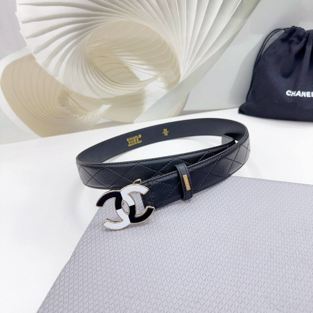 CHANEL BELT 30 MM BLACK CALFSKIN WITH BLACK MIX WHITE LOGO