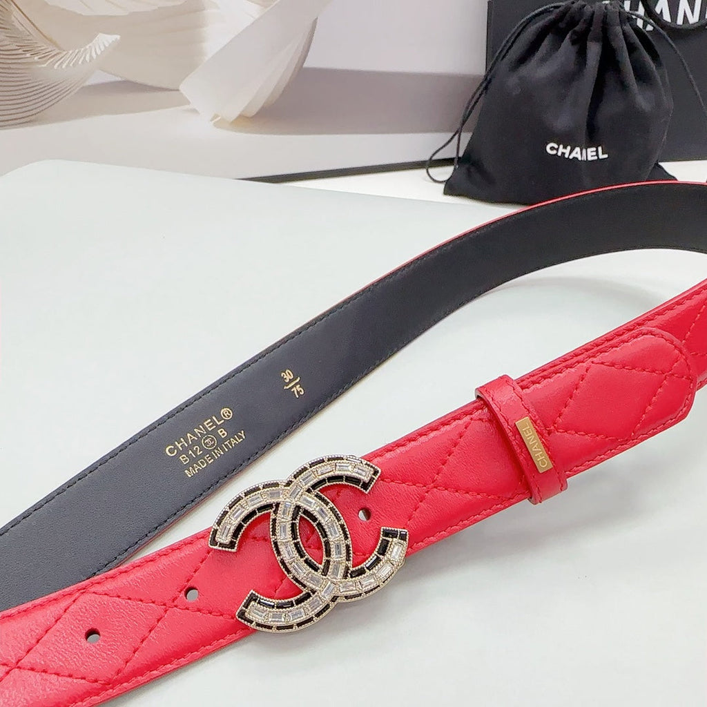 CHANEL 30MM BELT IN CHERRY RED EMBROIDERED CALFSKIN METAL HARDWARE