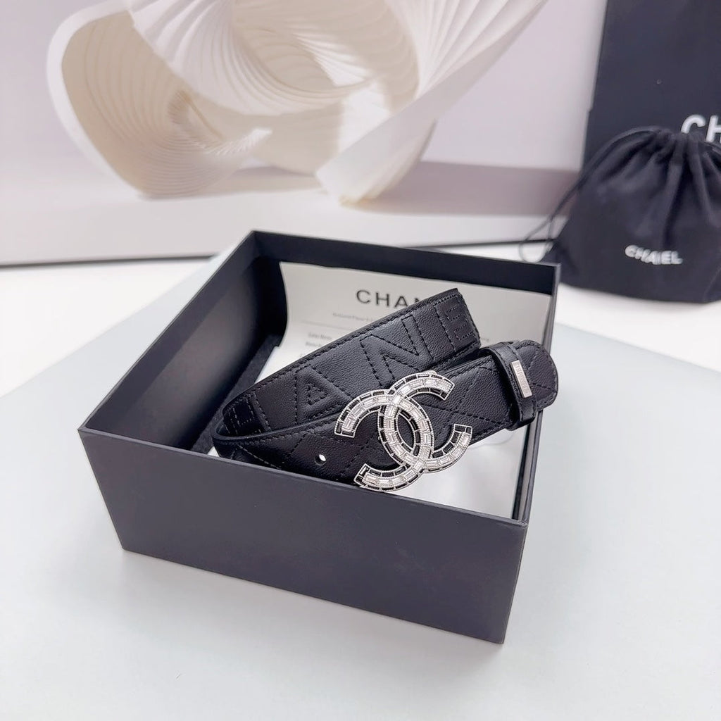 CHANEL 30MM BELT IN BLACK EMBROIDERED CALFSKIN SILVER HARDWARE