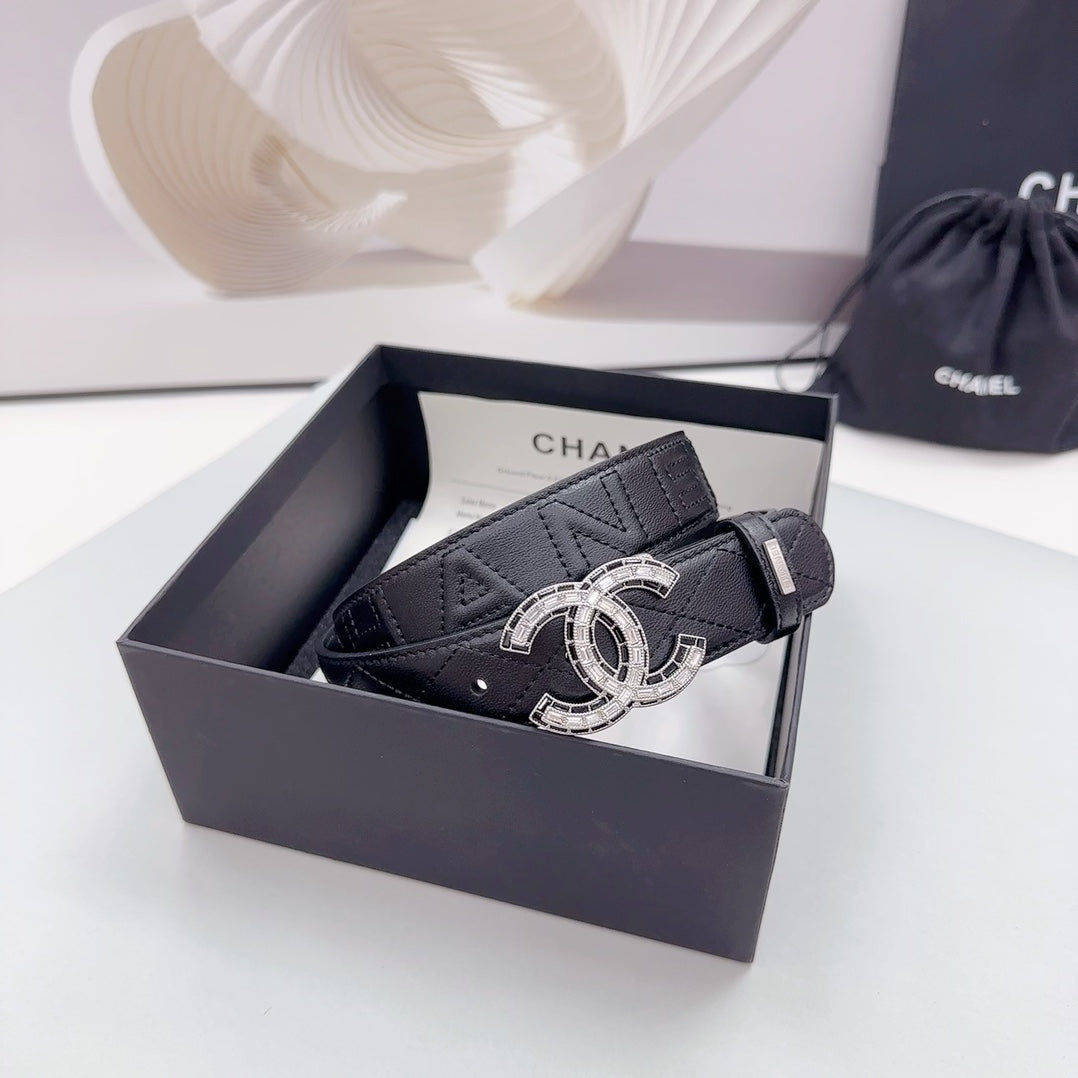 CHANEL 30MM BELT IN BLACK EMBROIDERED CALFSKIN SILVER HARDWARE