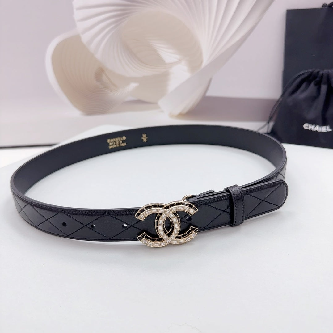 CHANEL 30MM BELT IN BLACK EMBROIDERED CALFSKIN GOLD HARDWARE