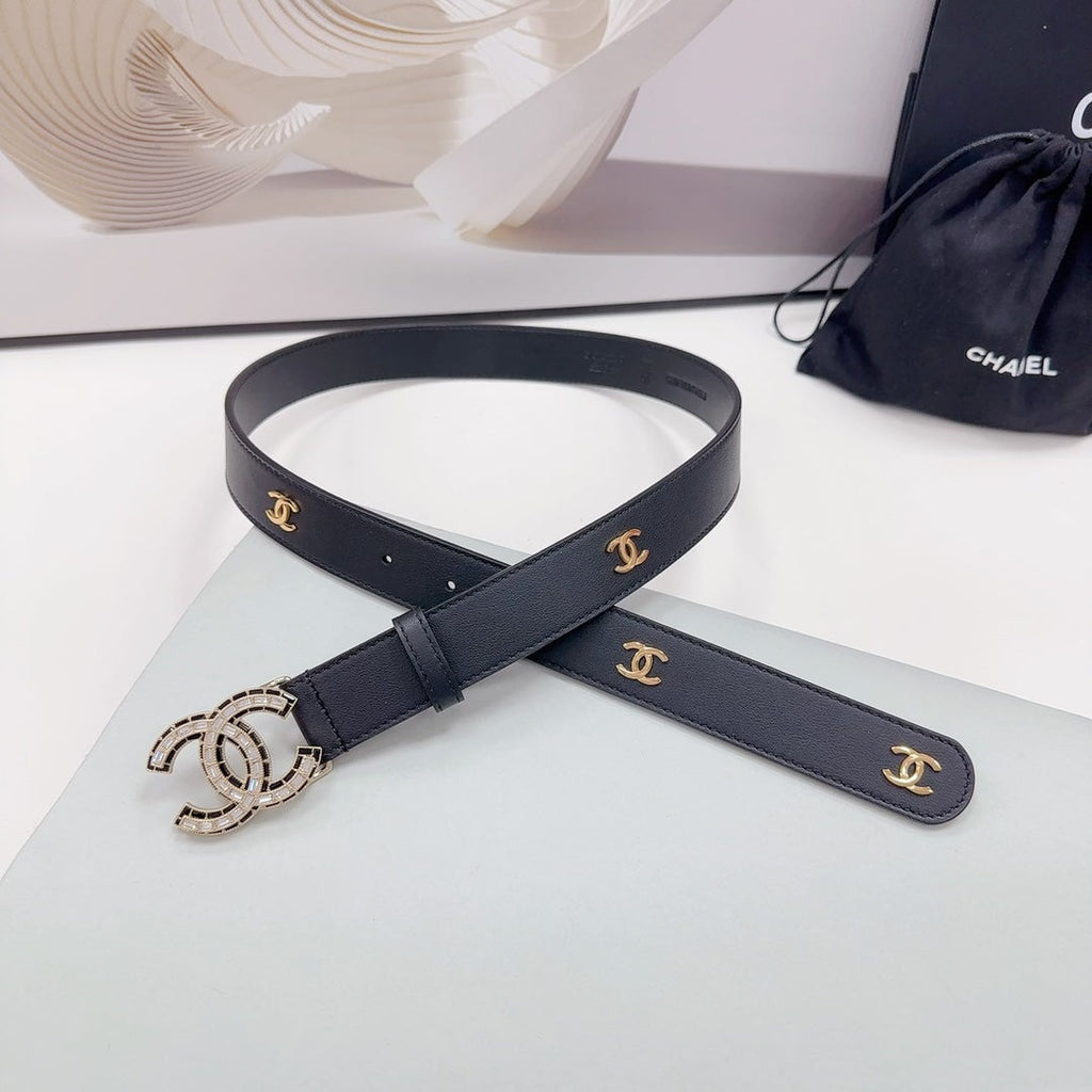 CHANEL 30MM BELT IN BLACK SMOOTH CALFSKIN METAL LOGO GOLD HARDWARE