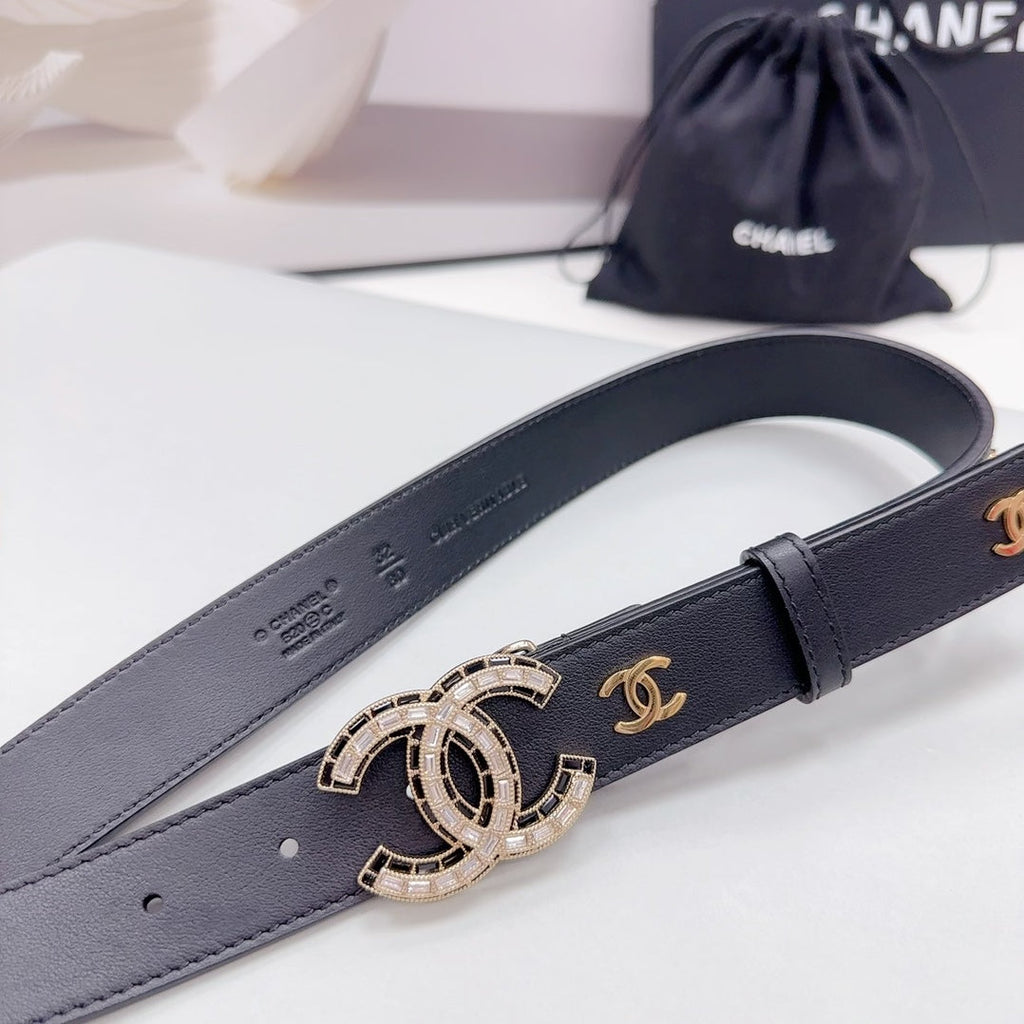 CHANEL 30MM BELT IN BLACK SMOOTH CALFSKIN METAL LOGO GOLD HARDWARE