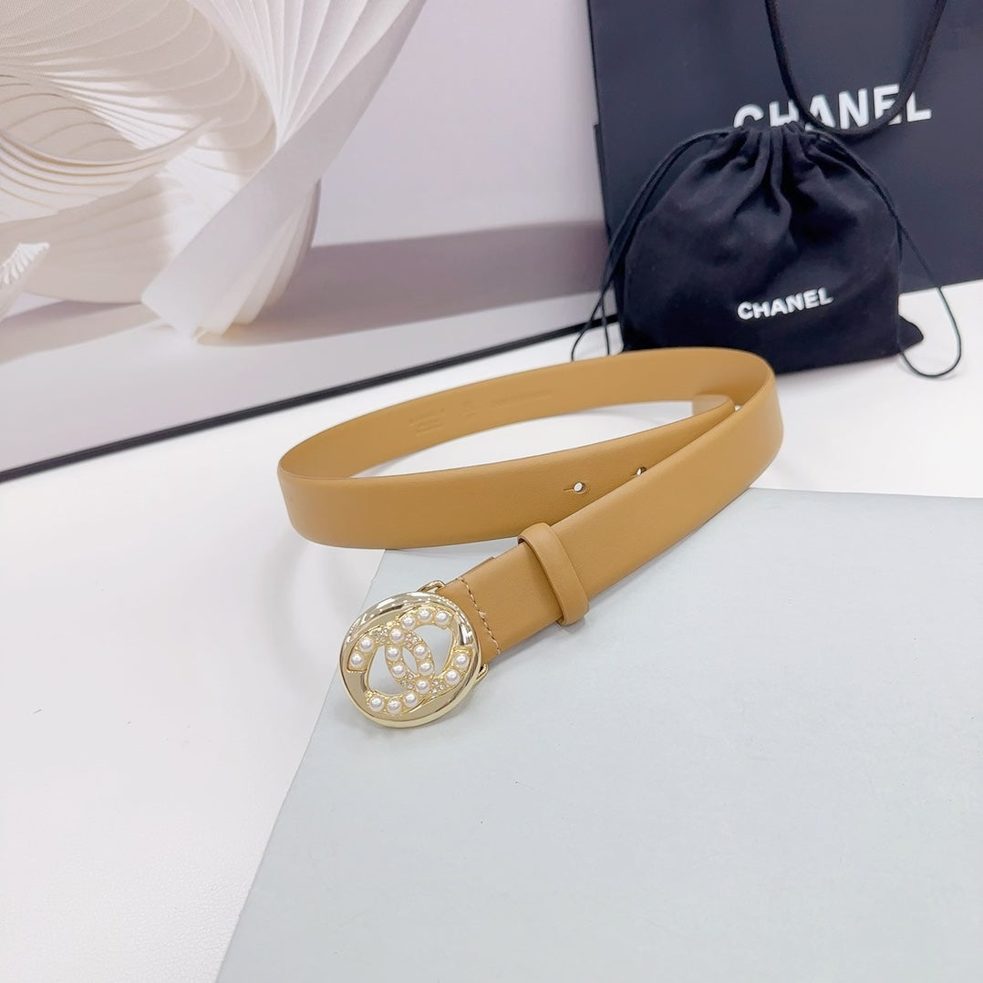 CHANEL 30MM BELT IN CAMEL BEIGE CALFSKIN SILVER HARDWARE ATTACH PEARLS