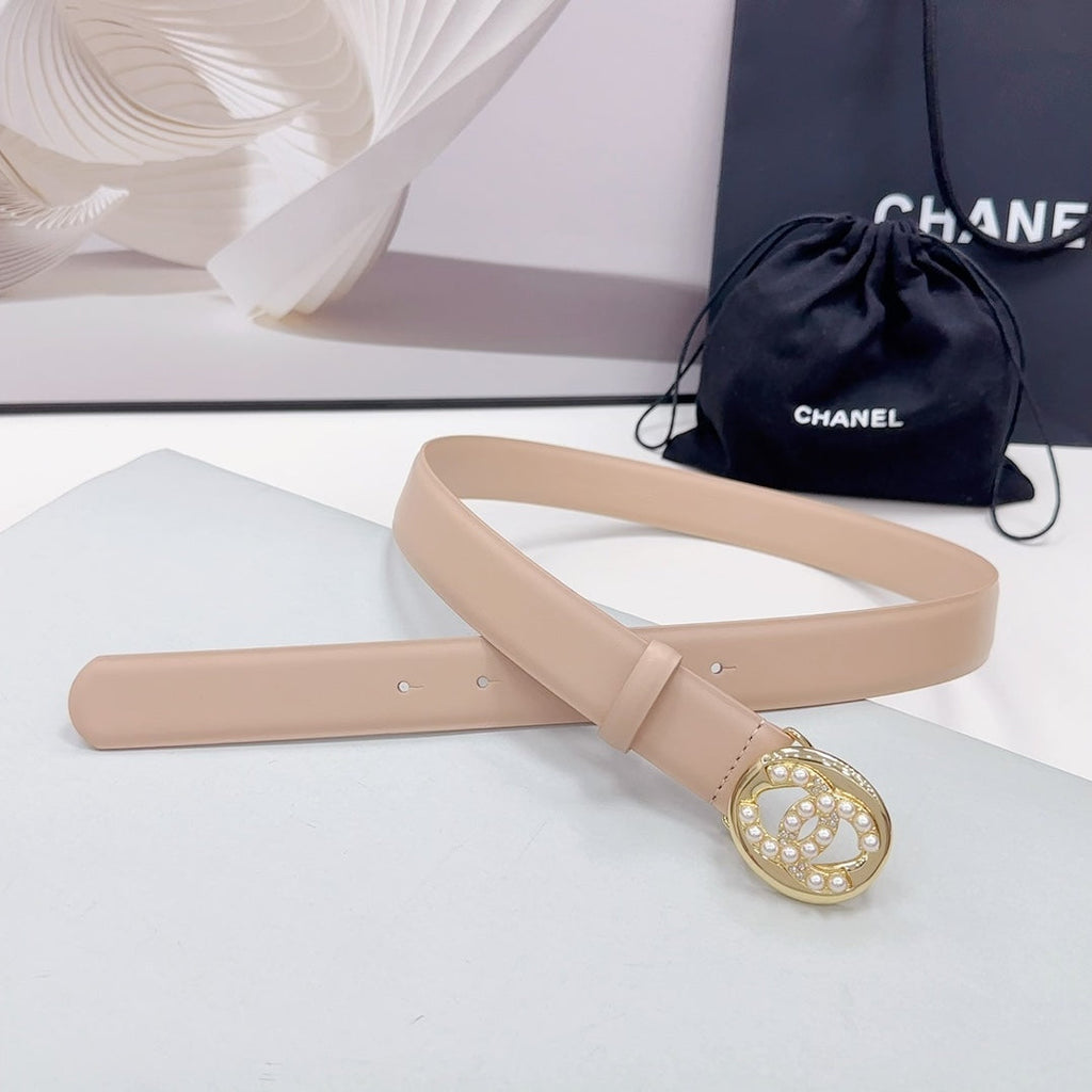 CHANEL 30MM BELT IN NUDE BEIGE CALFSKIN GOLD HARDWARE ATTACH PEARLS