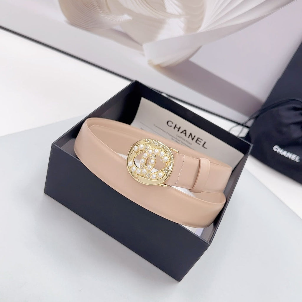 CHANEL 30MM BELT IN NUDE BEIGE CALFSKIN GOLD HARDWARE ATTACH PEARLS