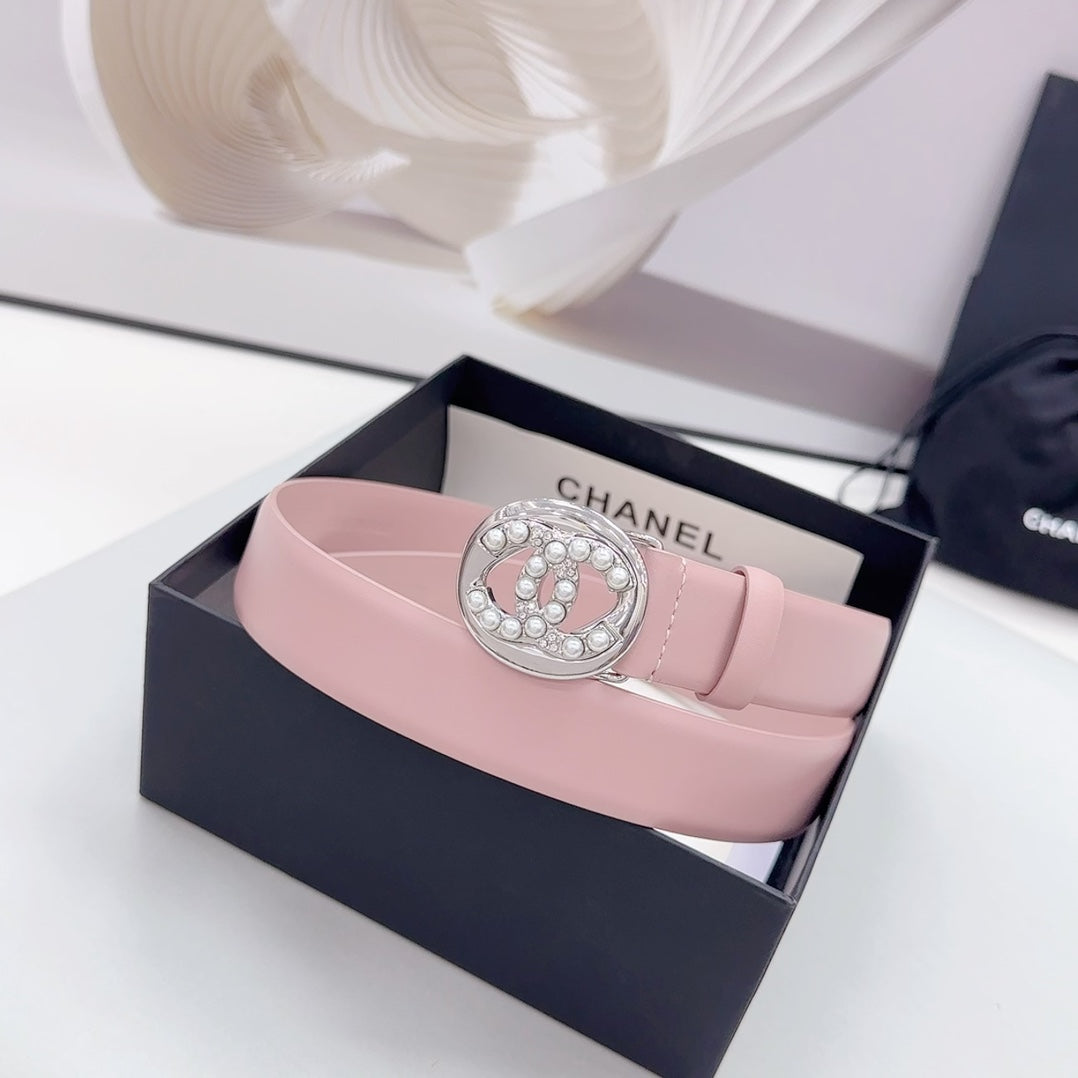 CHANEL 30MM BELT IN FLAMINGO PINK CALFSKIN SILVER HARDWARE ATTACH PEARLS