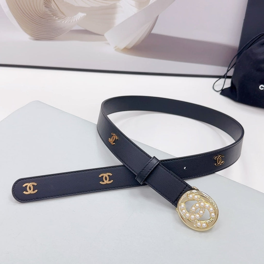CHANEL 30MM BELT IN BLACK CALFSKIN GOLD HARDWARE ATTACH PEARLS