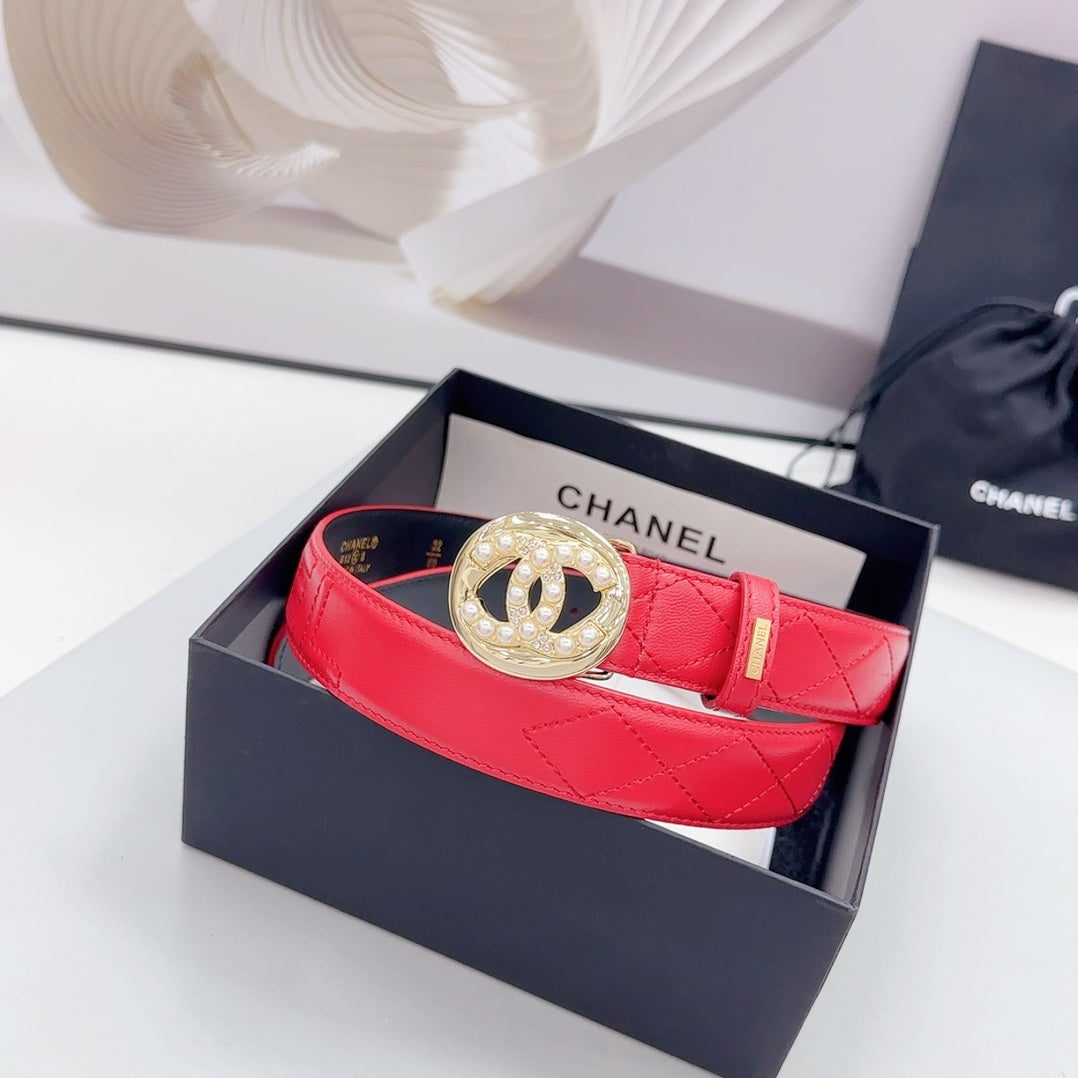 CHANEL 30MM BELT IN CHERRY RED CALFSKIN GOLD HARDWARE ATTACH PEARLS