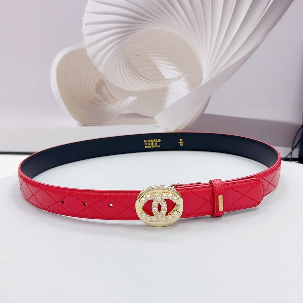 CHANEL 30MM BELT IN CHERRY RED CALFSKIN GOLD HARDWARE ATTACH PEARLS