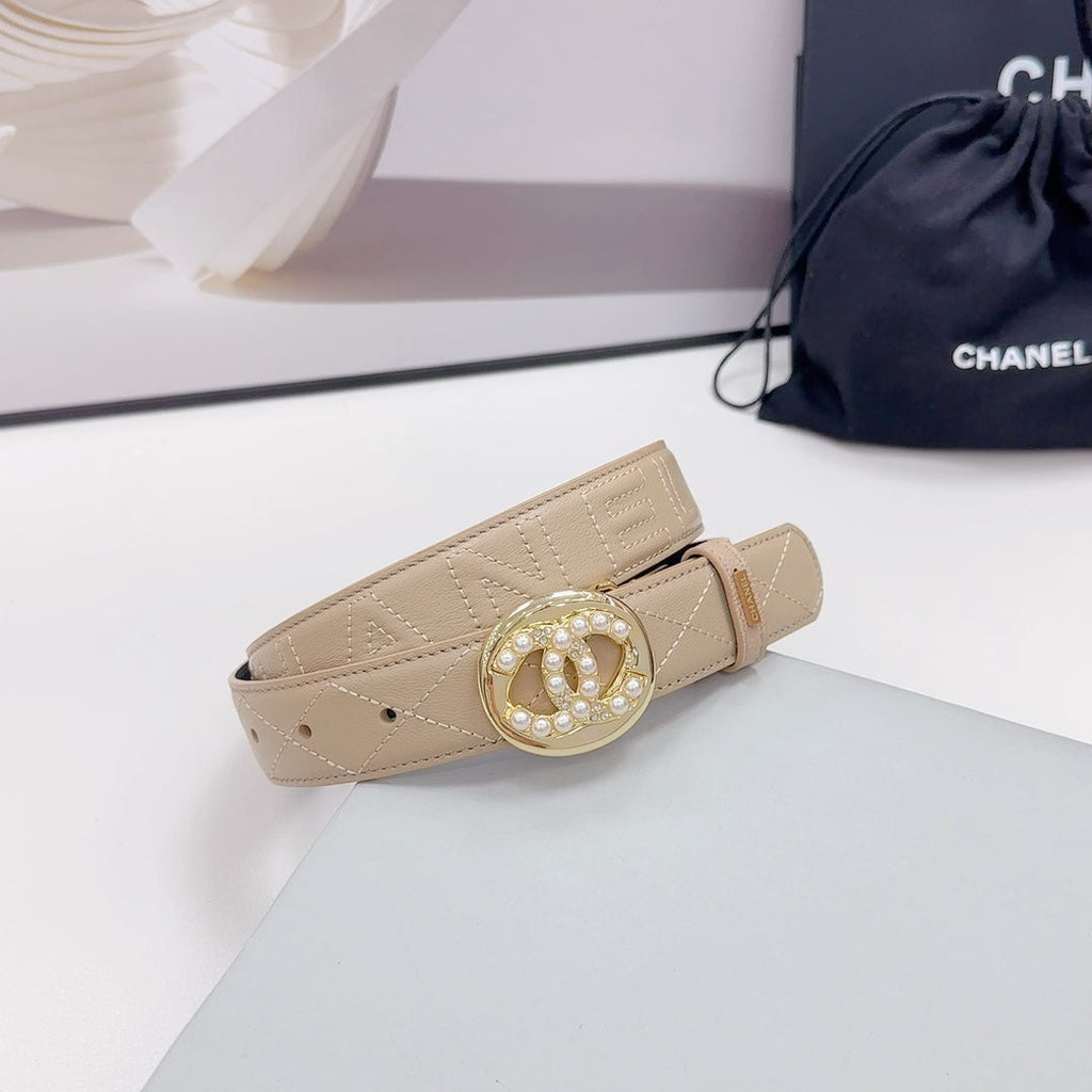 CHANEL 30MM BELT IN CAMEL BROWN CALFSKIN GOLD HARDWARE ATTACH PEARLS